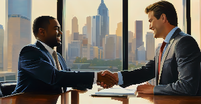 Two diverse business people shaking hands in a modern office with a city skyline in the background, natural light illuminating their expressions.