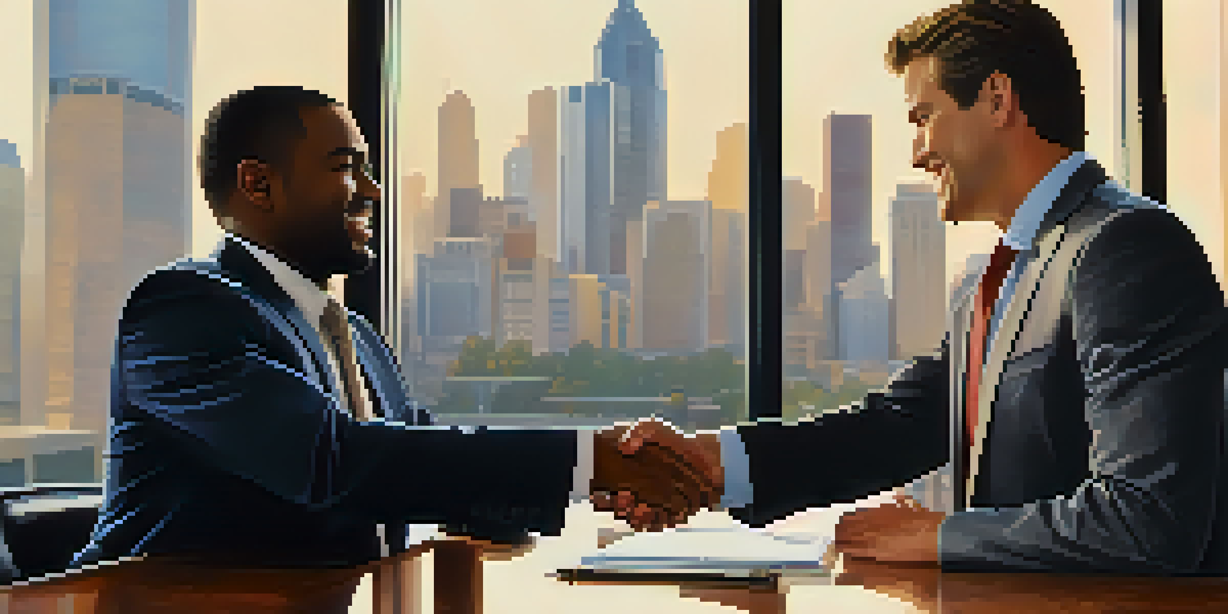 Two diverse business people shaking hands in a modern office with a city skyline in the background, natural light illuminating their expressions.