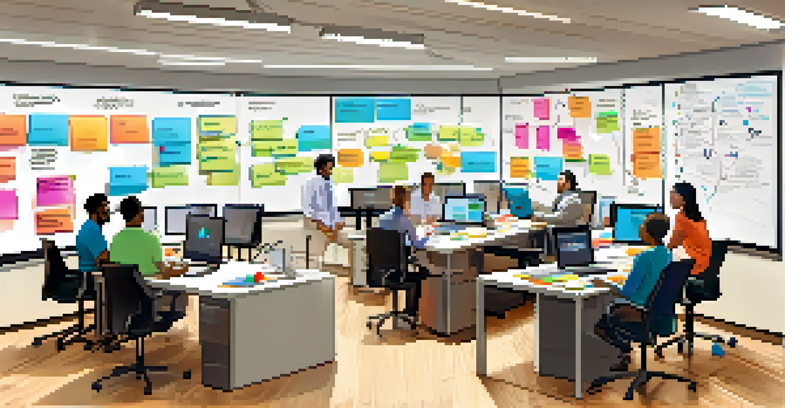 A team of employees engaged in a value stream mapping session around a whiteboard filled with colorful sticky notes and diagrams.