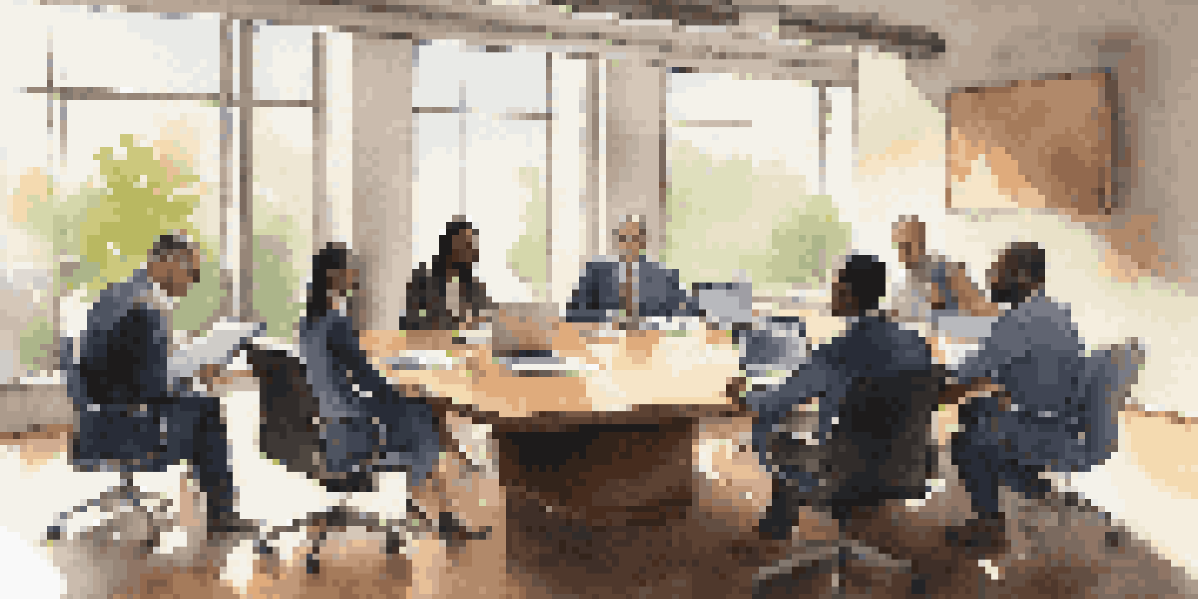 A diverse group of professionals collaborating in a modern office during a negotiation.