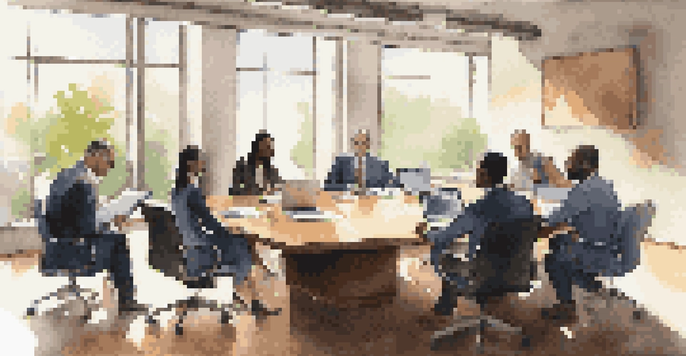 A diverse group of professionals collaborating in a modern office during a negotiation.
