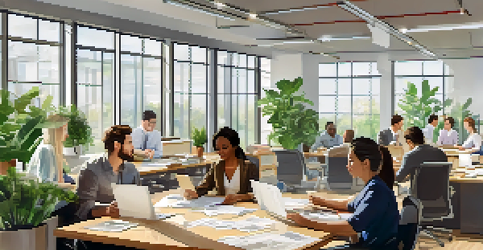 A diverse team collaborating in a bright office, discussing around a large conference table with laptops and papers.