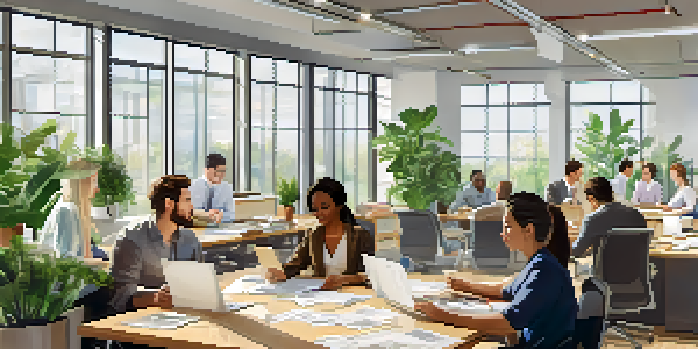 A diverse team collaborating in a bright office, discussing around a large conference table with laptops and papers.