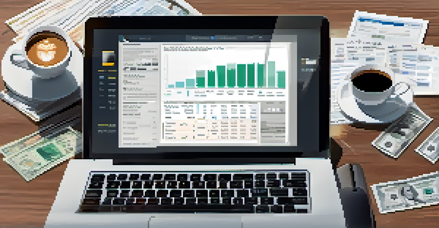 Overhead view of a desk with a laptop, coffee, financial documents, and a smartphone, all related to cash flow forecasting.
