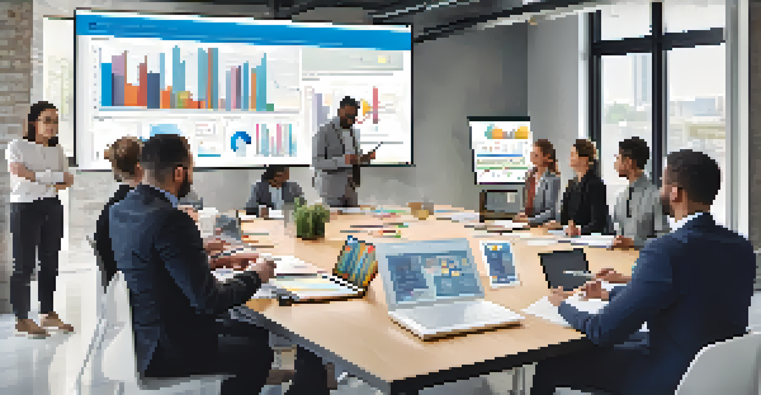 A group of diverse professionals engaged in a meeting, analyzing KPIs with charts and notes visible in a bright conference room.