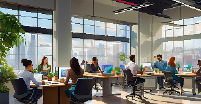 A modern office with diverse employees collaborating at a large table, surrounded by plants and city views.
