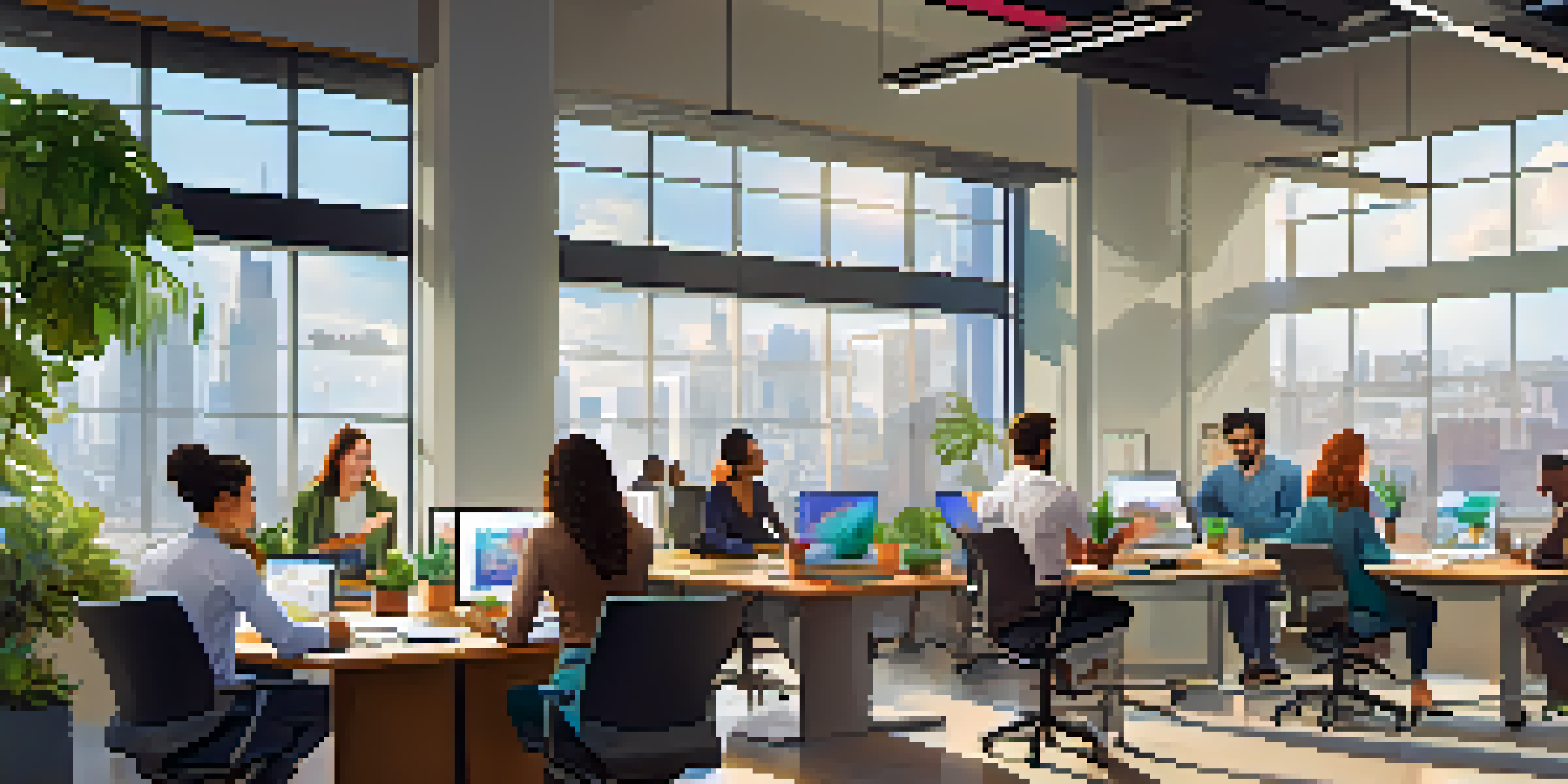 A modern office with diverse employees collaborating at a large table, surrounded by plants and city views.