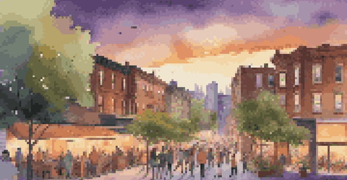 A colorful cityscape at sunset with people involved in community activities like planting trees and volunteering, featuring sustainable buildings.