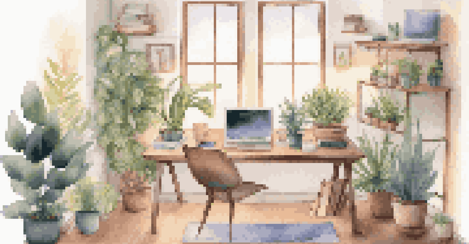 A serene workspace with a yoga mat, mindfulness books, and a laptop, enhanced by calming decor like candles and plants.