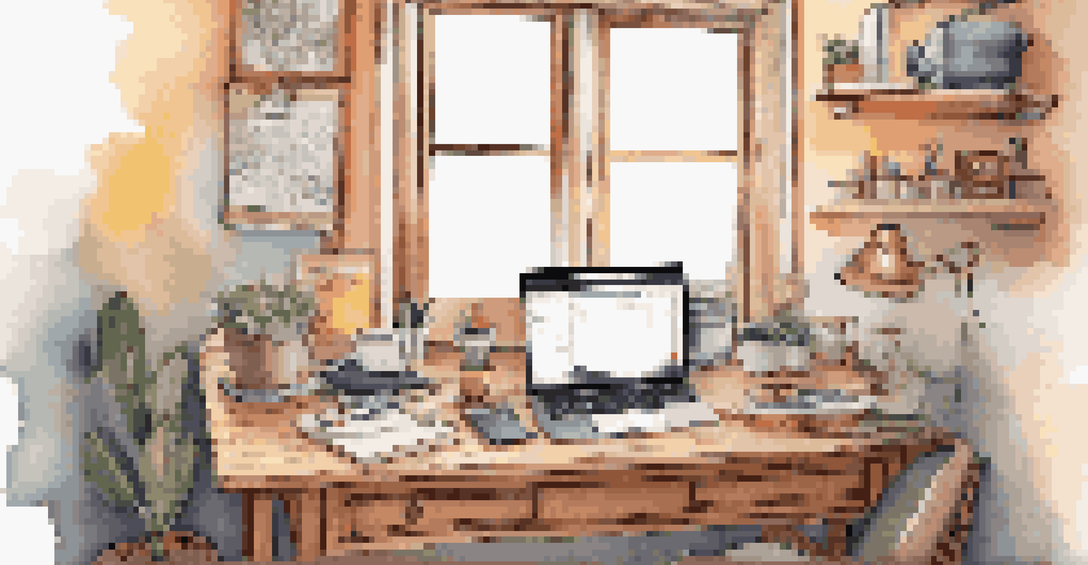 A warm and inviting home office space with creative tools, a laptop, and cozy lighting, perfect for inspiration.