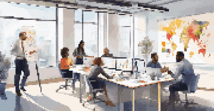 A diverse group of employees in a bright office collaborating on ideas, with charts and diagrams displayed on whiteboards.