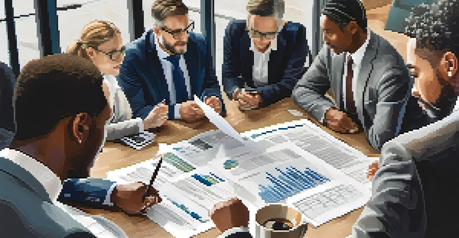 A diverse group of professionals discussing a business succession plan, with papers and laptops on the table. One person is pointing to a document while others listen.