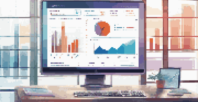 A modern KPI dashboard on a computer monitor, showcasing colorful graphs and charts in a bright office environment.