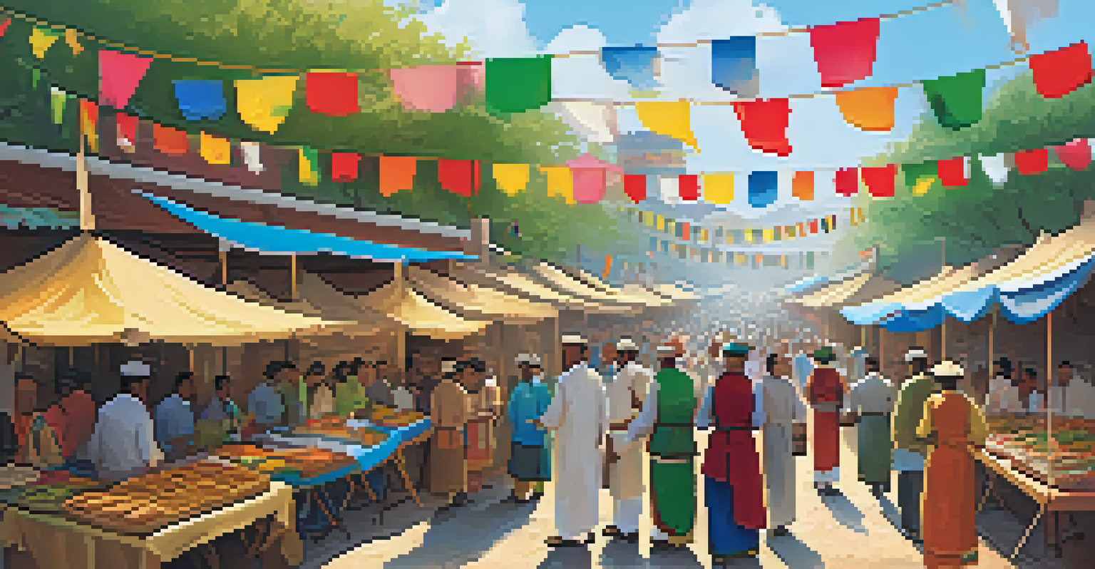 A vibrant outdoor cultural festival with food stalls from different countries and people enjoying the festivities.