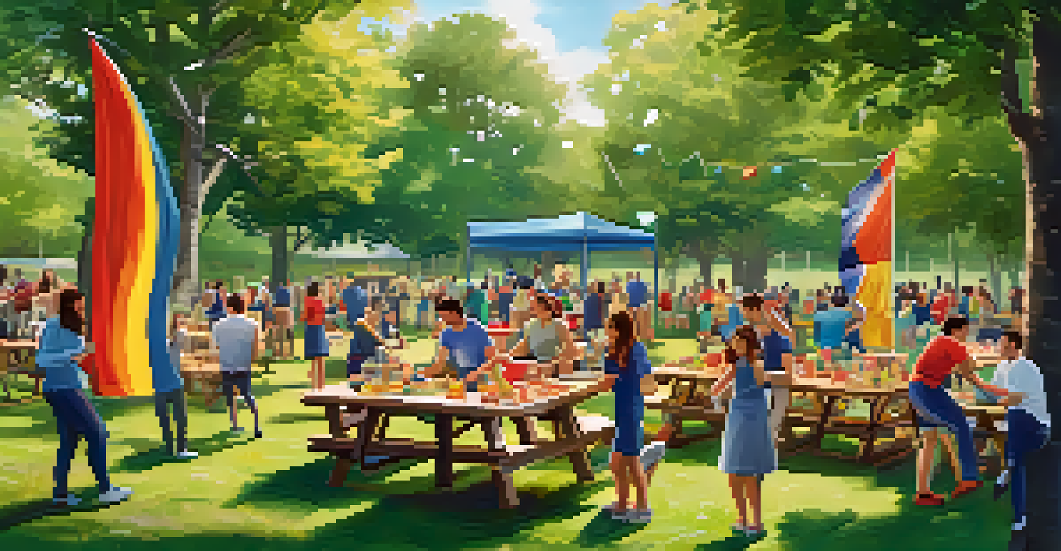 Employees enjoying a team-building event in a park, engaging in games and activities surrounded by nature and colorful decorations.