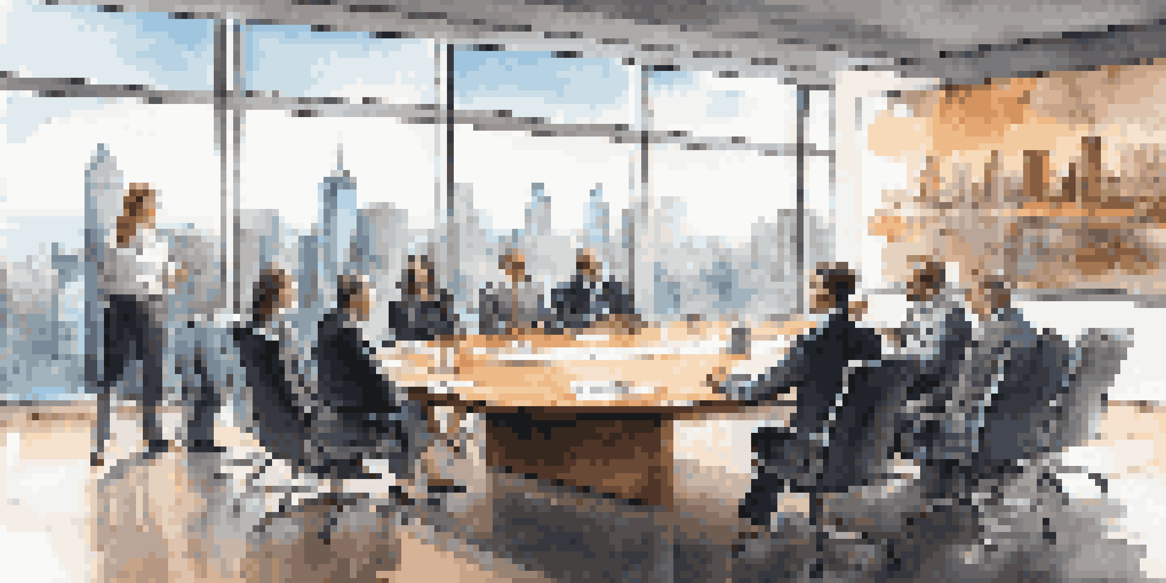 A bright corporate boardroom with diverse executives discussing around a long table, illuminated by sunlight from large windows with a city skyline in the background.