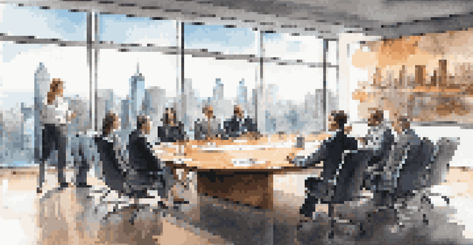 A bright corporate boardroom with diverse executives discussing around a long table, illuminated by sunlight from large windows with a city skyline in the background.