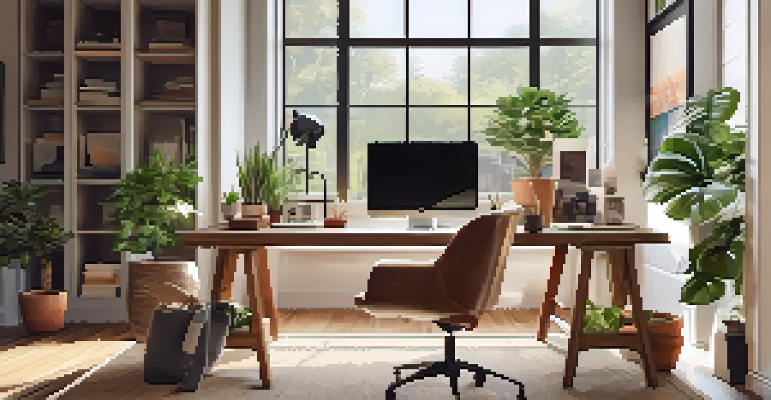 A modern home office with a wooden desk, an open laptop showing a marketing presentation, and potted plants, illuminated by soft natural light.