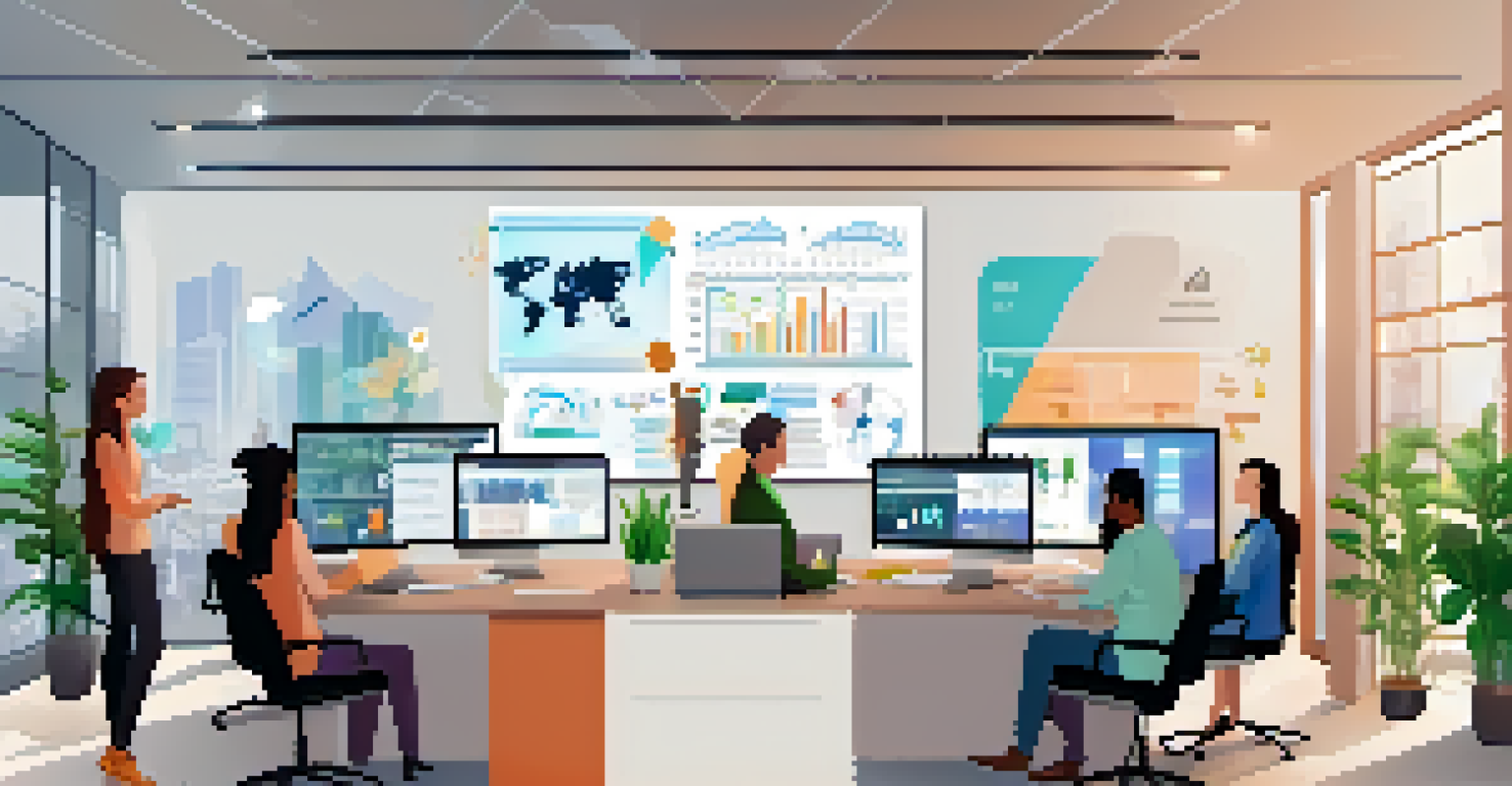A modern office space with professionals analyzing customer data and discussing strategies in front of large screens.