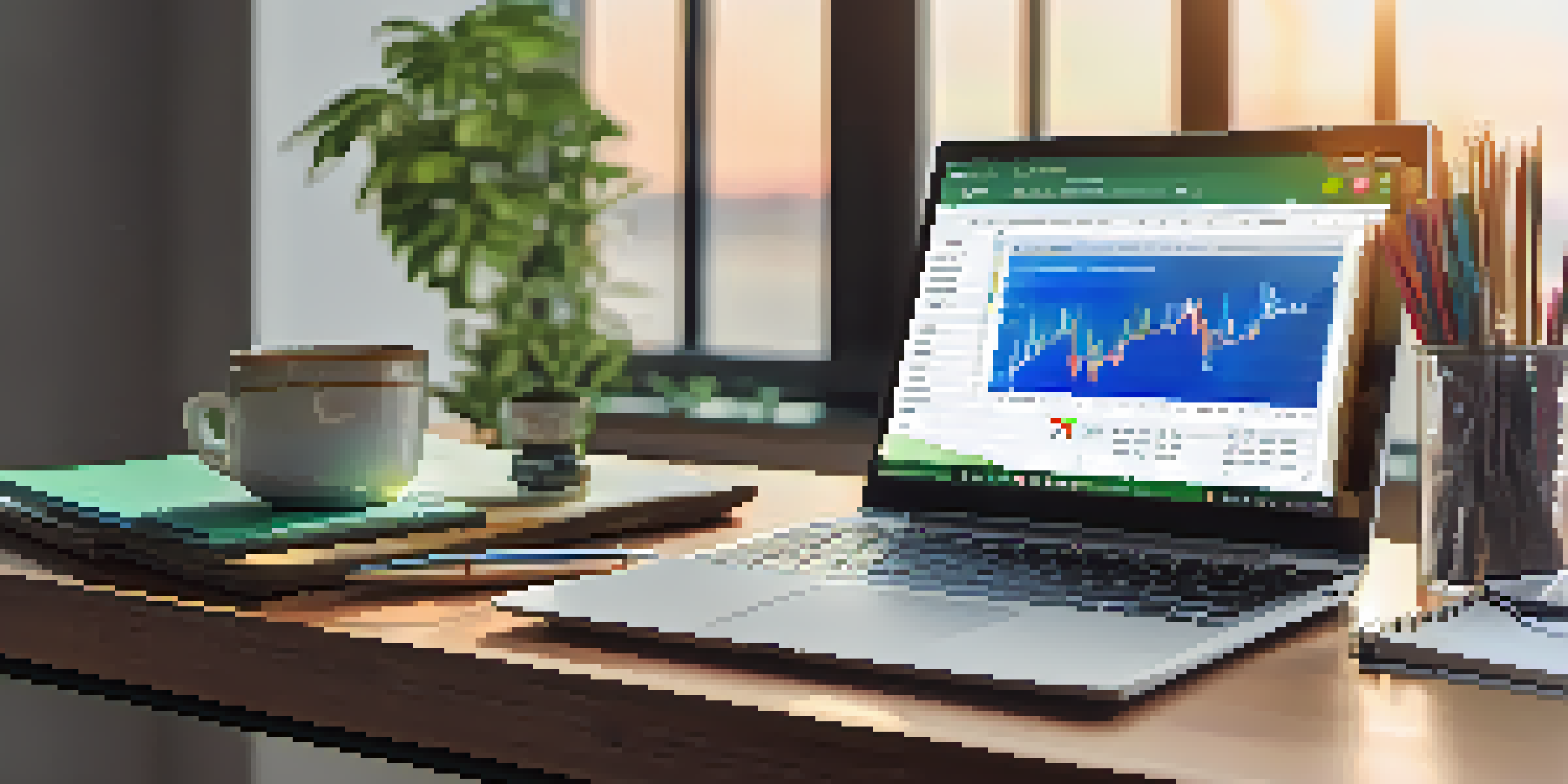 A financial analyst's desk with a laptop showing financial graphs, a notepad with notes, and a calculator, illuminated by soft lighting.