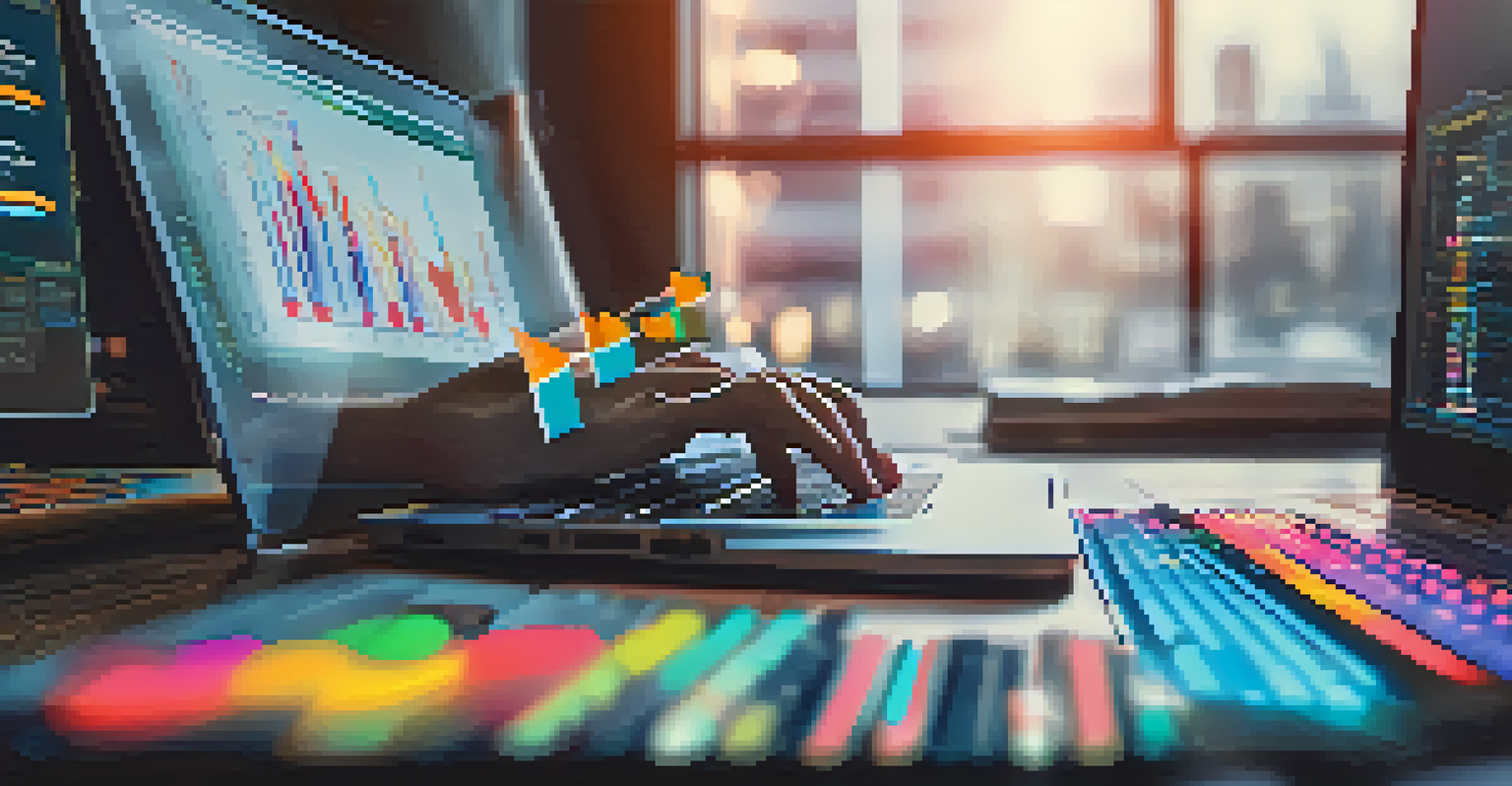 Close-up of hands typing on a laptop showing a digital sales dashboard with colorful metrics and graphs.