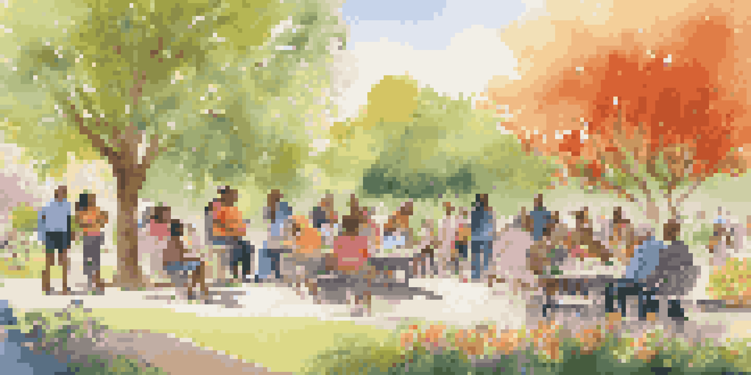 A group of diverse individuals in a park discussing philanthropy, surrounded by colorful flowers and greenery.