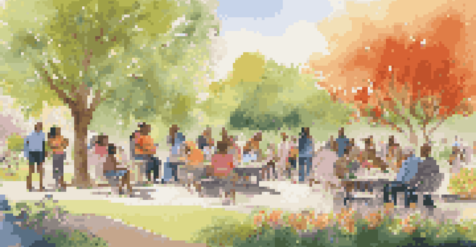 A group of diverse individuals in a park discussing philanthropy, surrounded by colorful flowers and greenery.
