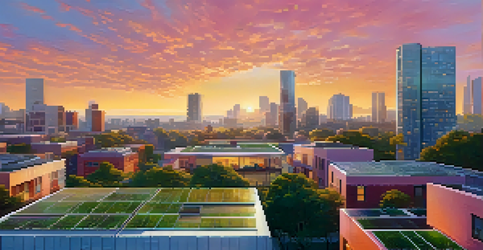 A colorful city skyline at sunset with green buildings and people participating in community gardening activities.