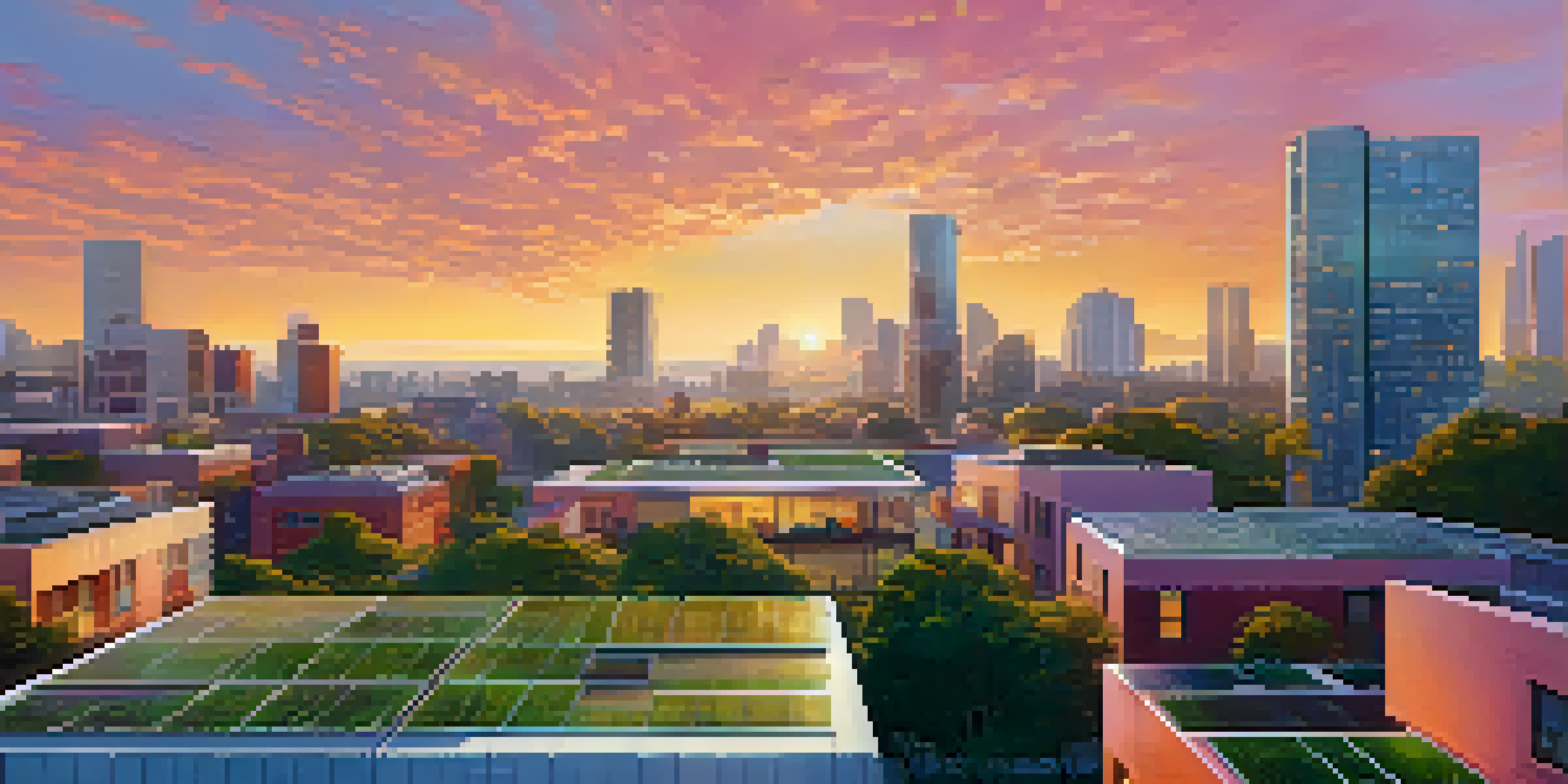 A colorful city skyline at sunset with green buildings and people participating in community gardening activities.