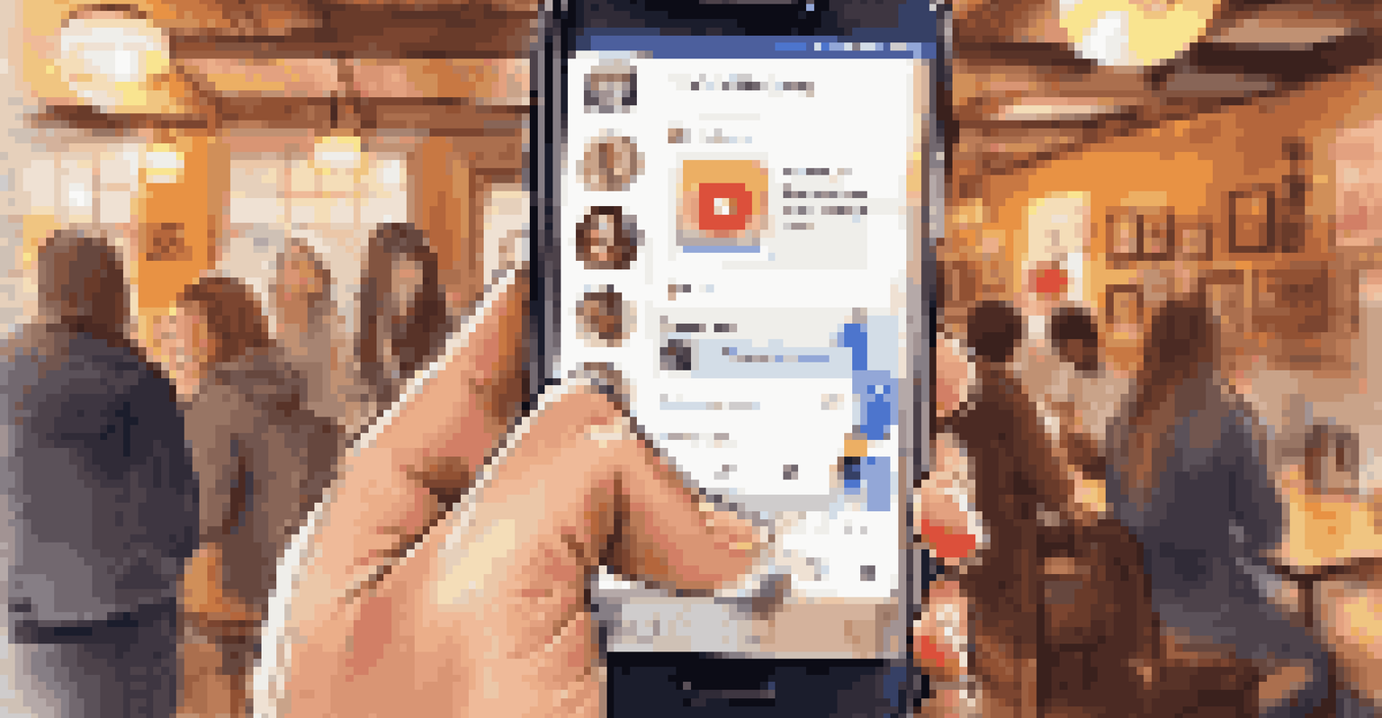 A close-up of a hand holding a smartphone with visible social media notifications, with a blurred background of friends enjoying a conversation in a cafe.