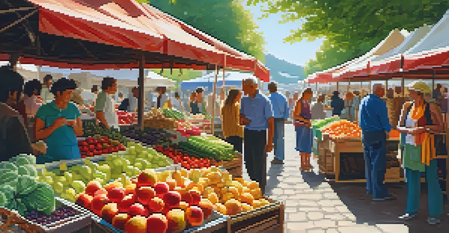 A bustling outdoor market with colorful stalls, fresh produce, and people enjoying their shopping experience.