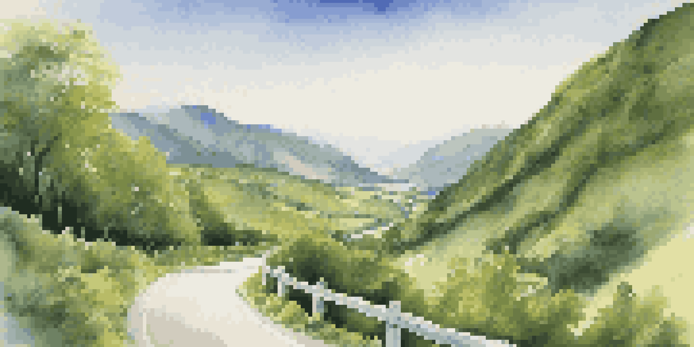 A peaceful scene of a winding road in green mountains with a signpost indicating strategic planning.