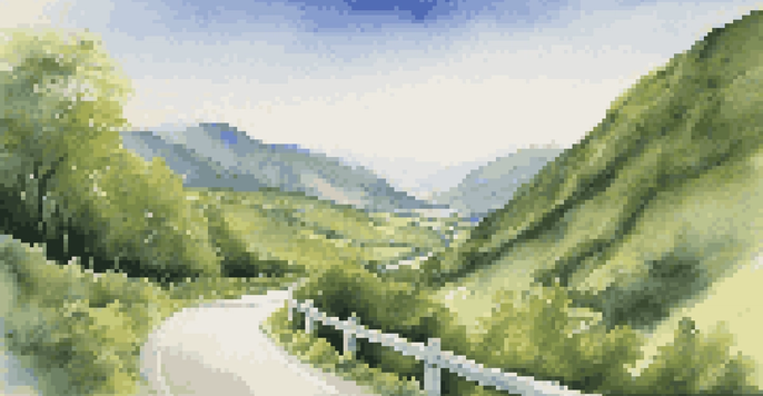 A peaceful scene of a winding road in green mountains with a signpost indicating strategic planning.