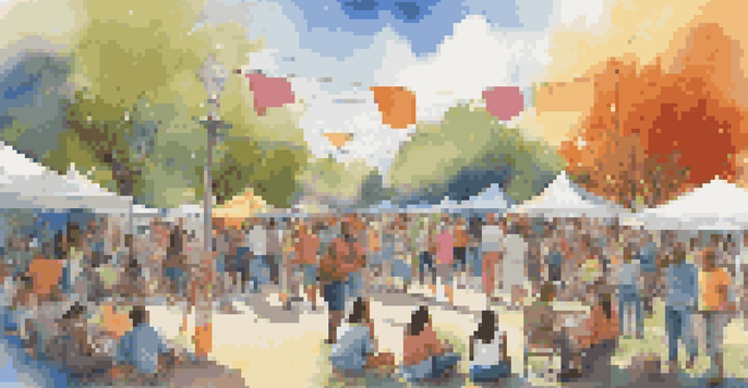 A lively community gathering in a park, showcasing diverse people engaging in activities like painting and playing music, with colorful banners in a sunny environment.