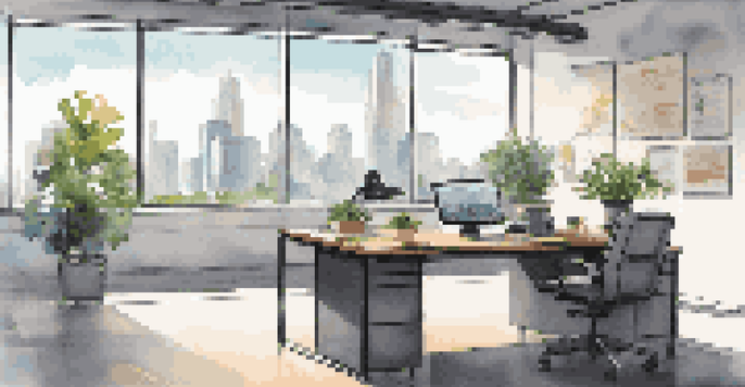 A bright modern office with a desk, computer, and CRM dashboard displayed on the screen, surrounded by plants and a city view through large windows.