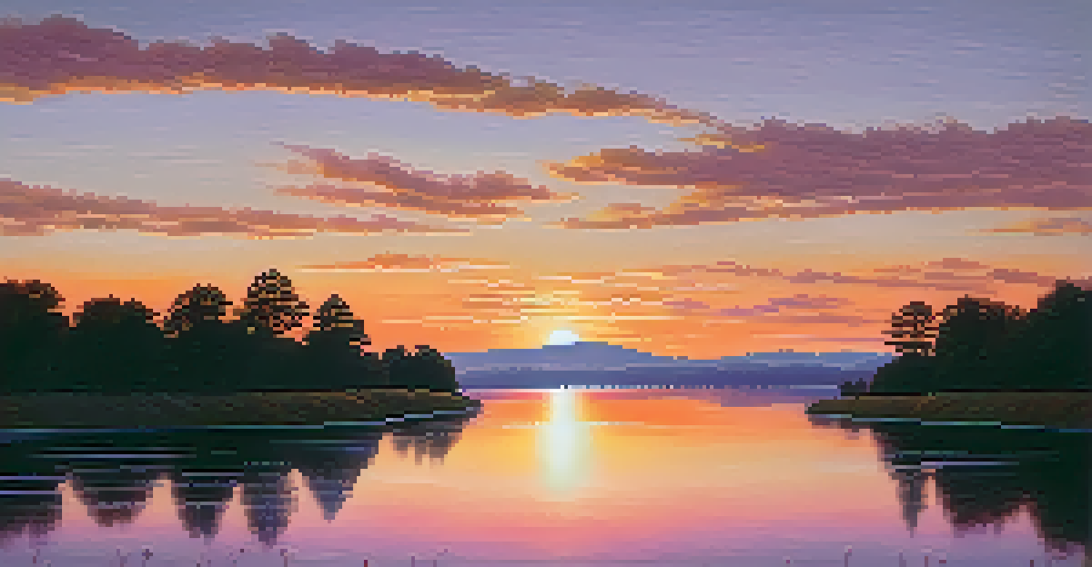 A tranquil landscape of rolling hills at sunset, with a river reflecting the colorful sky.