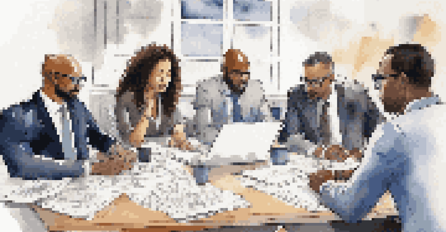A diverse group of professionals collaborating in a brainstorming session at a conference table.