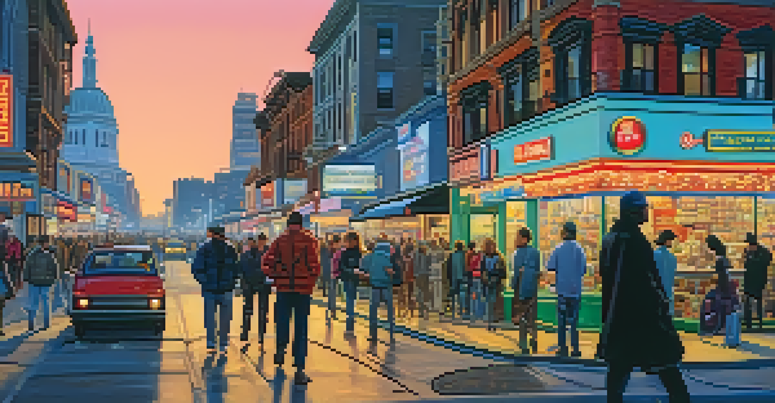 A lively city street at dusk with neon lights and crowds of people.
