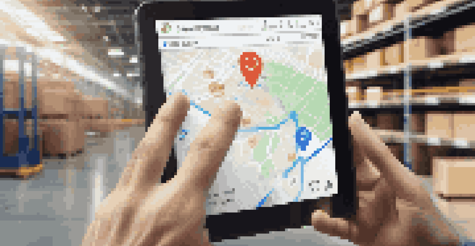 A close-up of a hand using a tablet with a logistics app, showing a tracking map in a warehouse setting.