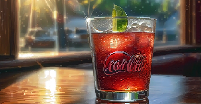 A refreshing glass of soda with condensation on a wooden table, with sunlight creating a warm glow in the background.