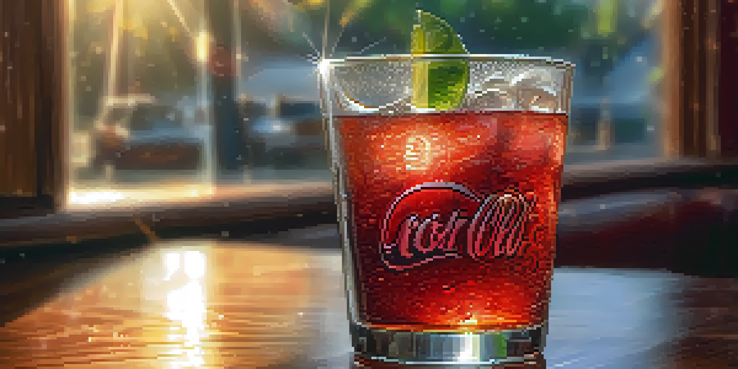 A refreshing glass of soda with condensation on a wooden table, with sunlight creating a warm glow in the background.