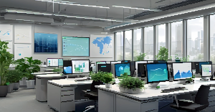 A bright modern office with multiple screens showing data analytics, natural light, and green plants.