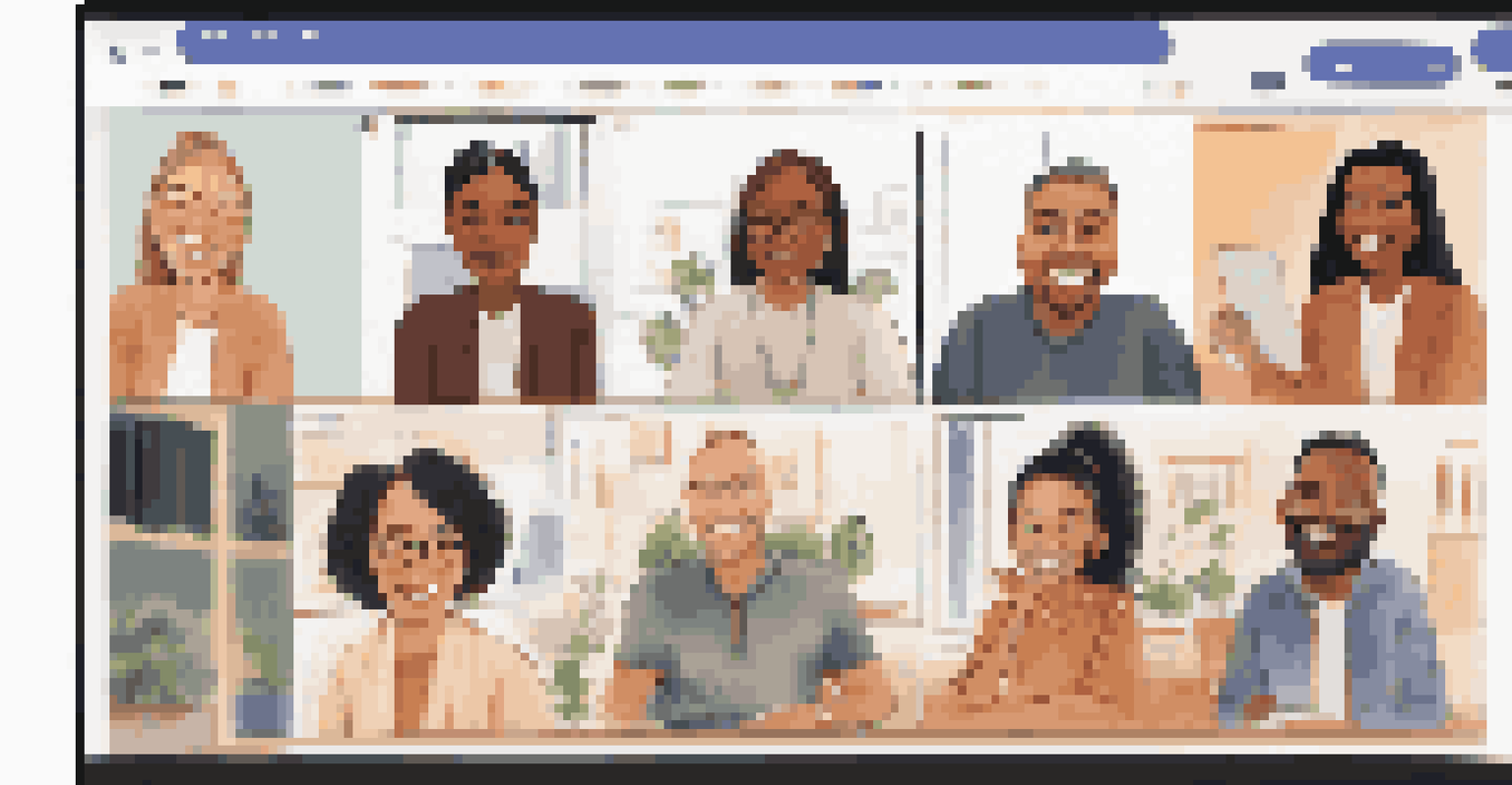A virtual team meeting with diverse team members smiling during a video call, showcasing a collaborative atmosphere with a digital whiteboard visible.