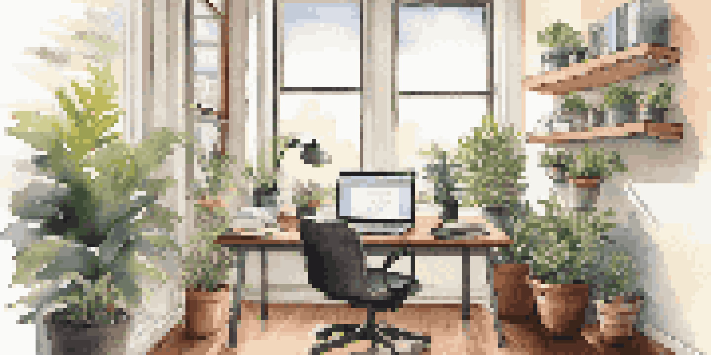 An organized office with a modern desk, laptop displaying a survey, plants, and a coffee mug, all bathed in natural light.