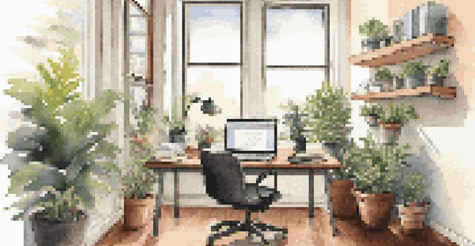 An organized office with a modern desk, laptop displaying a survey, plants, and a coffee mug, all bathed in natural light.
