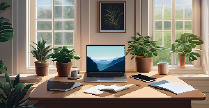 A modern remote workspace with a desk, laptop, plants, and a coffee mug, bathed in soft natural light.