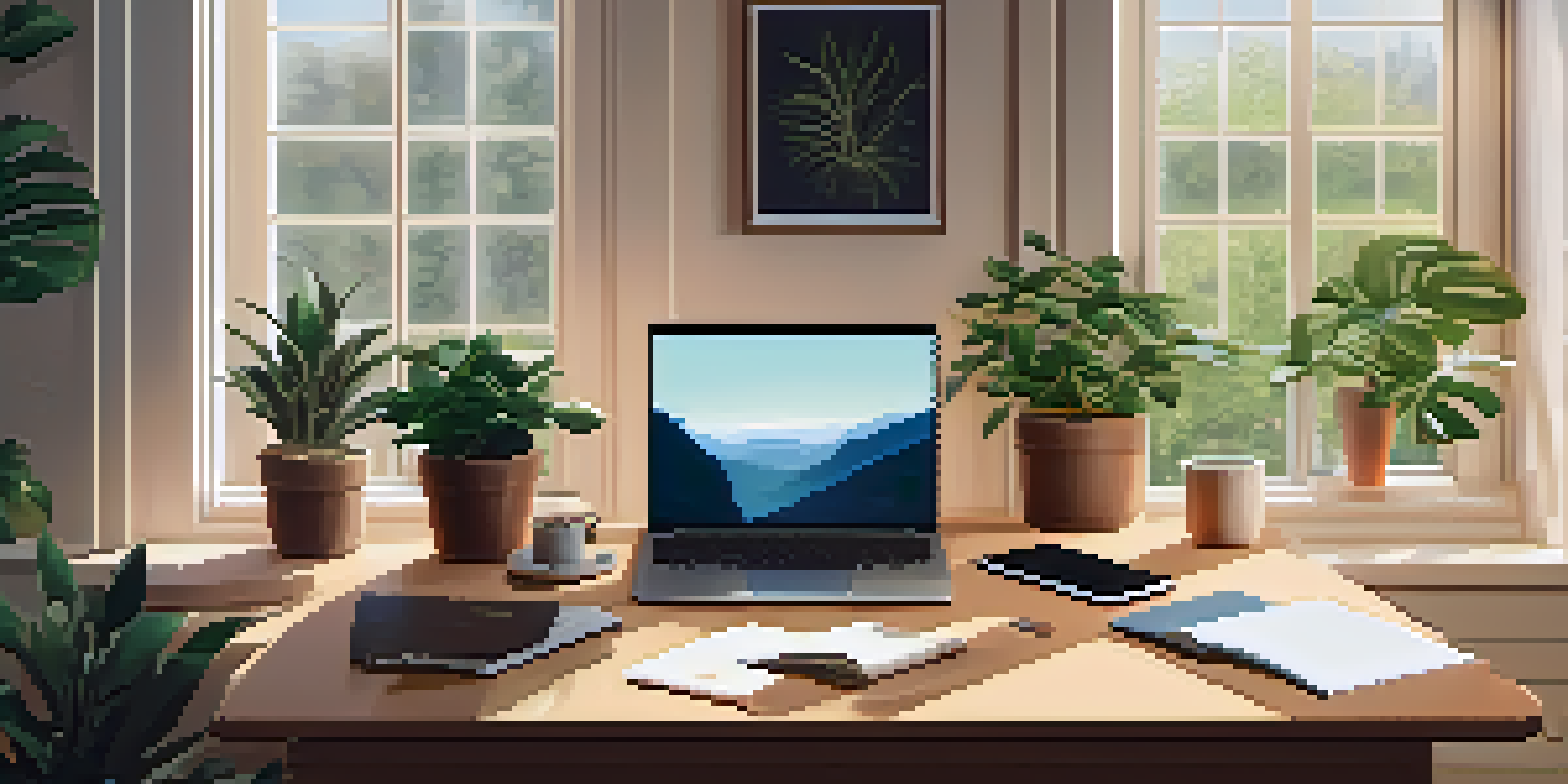 A modern remote workspace with a desk, laptop, plants, and a coffee mug, bathed in soft natural light.