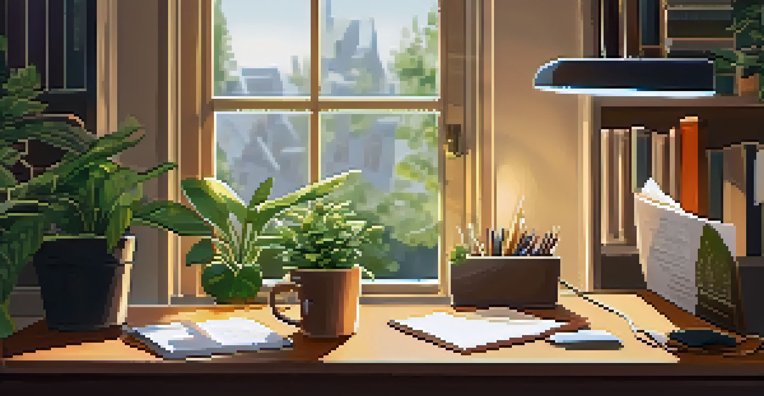 A cozy home office with a laptop, books, and a coffee cup, illuminated by sunlight with a plant beside the desk.