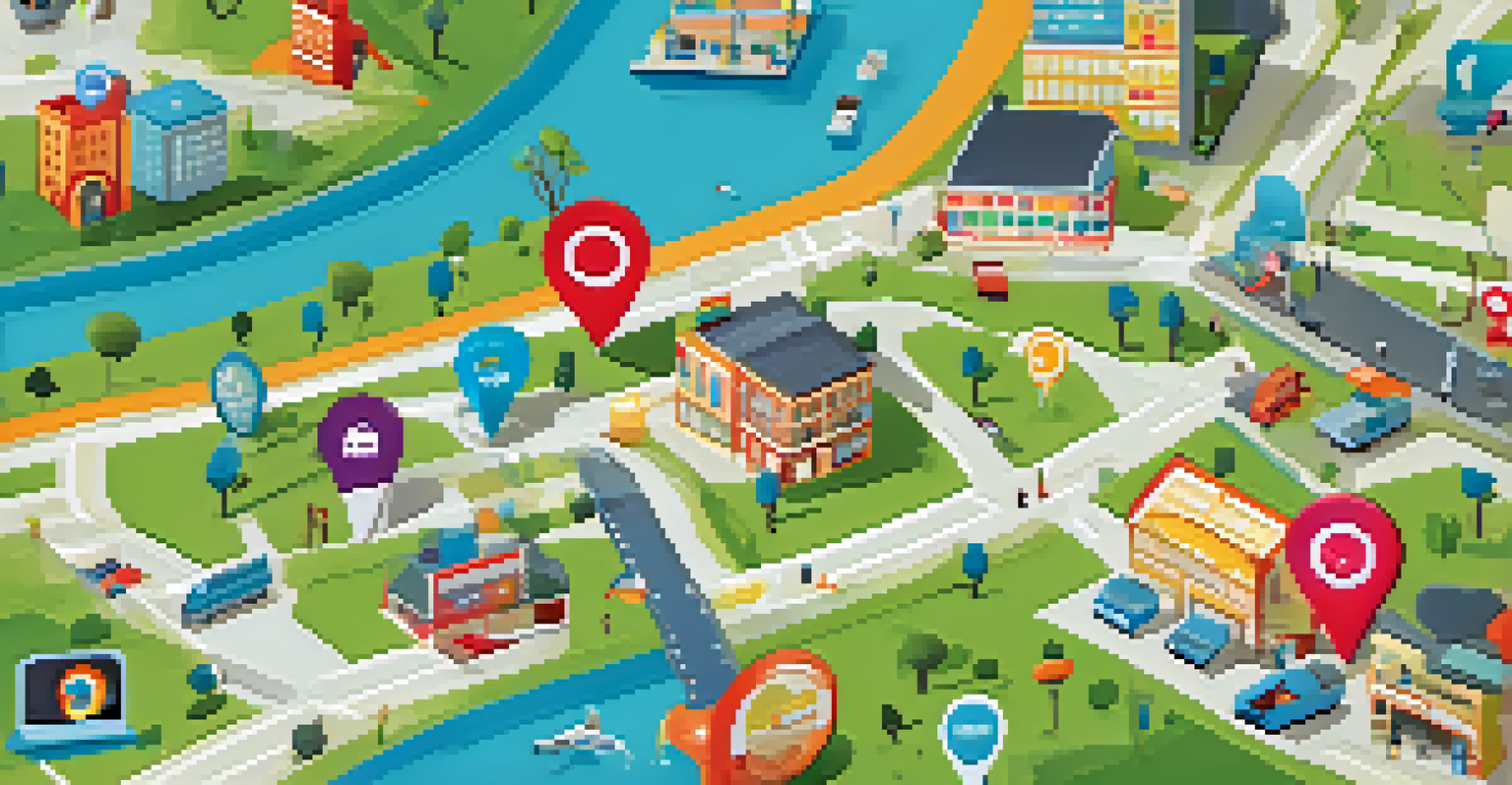 A digital map showing local SEO results with pinned locations and search results for a marketing agency.