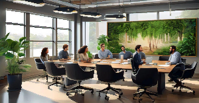 A diverse group of employees having a meeting in a bright office with plants and motivational quotes on the walls.